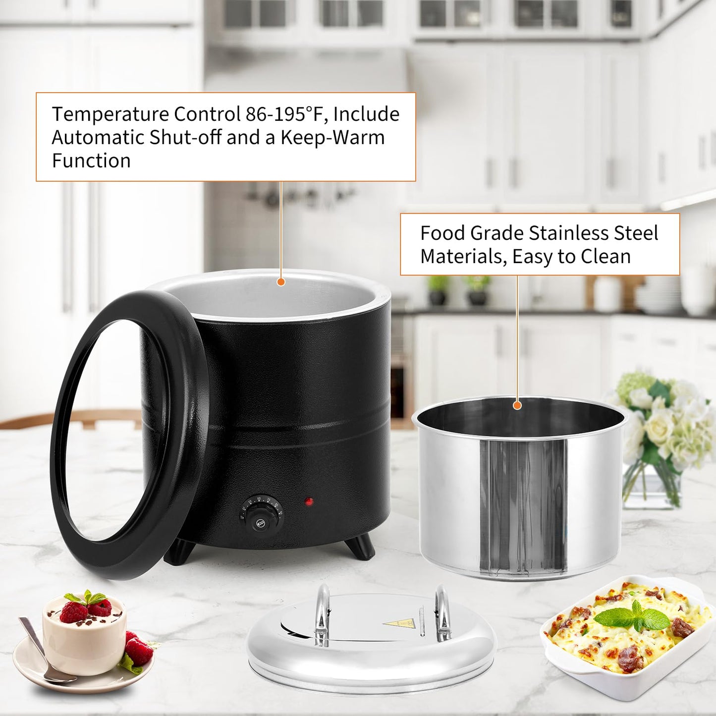 Garvee 13.7QT Commercial Soup Kettle, Automatic Soup Warmer with Anti-Scald Handle and Stainless Steel Removable Insert Pot for Large Banquet & Buffet, Built-in Hinged Lid