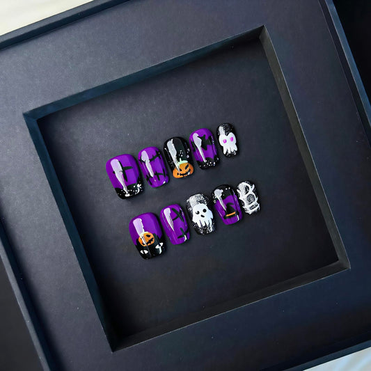 10Pcs Black Purple Halloween Press on Nails Short Handmade Fake Nails Scary Pumpkin Ghost False Nails with Glitter Sequin Design Halloween Square Nails Artificial Reusable Stick on Nail for Women (S)