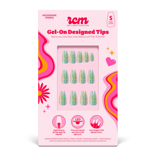 RC Red Carpet Manicure Gel-On Designed Tips - Full Coverage, Flexible, Break-Resistant, 21-Day Wear, UV/LED Cured Gel Adhesion for Natural Look (Holographic Sparkle Short Coffin)
