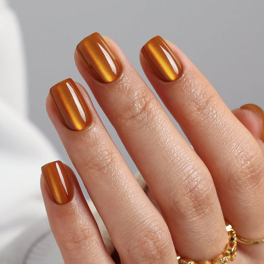 Burnt Orange Cat Eye Press On Nails Short- GJZEZ Amber Yellow Light Brown Soft Gel Square Cateye Glass Fake Nails Press Ons Gifts for Women | 16 Sizes - 32 pcs Reusable Salon Quality Faux Nail, Ginger