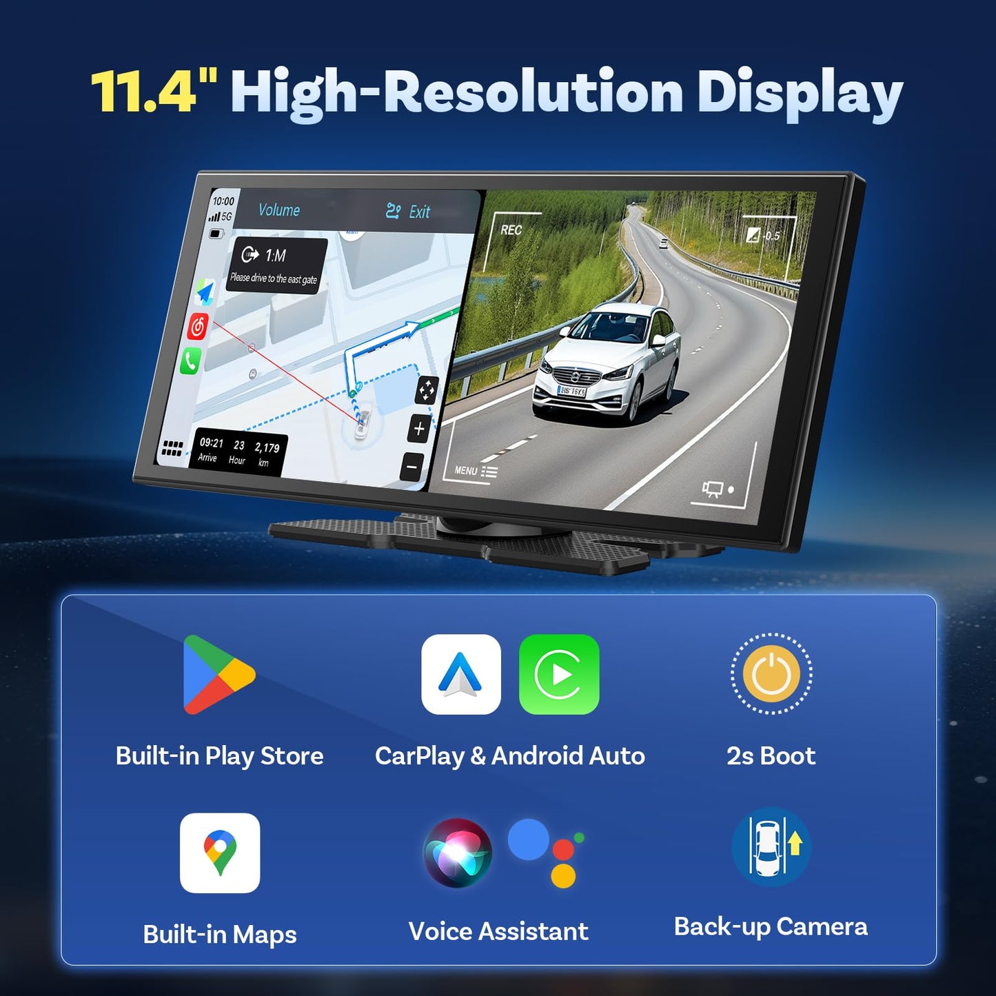 OTTOCAST OttoScreen AI, 11.4" Portable CarPlay Screen for Car with YouTube and Backup Camera for iPhone(iOS 8+) Android Auto(Android 11+), Built-in Apps, Voice Control, Android 15 OS