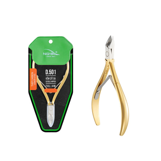 Professional Hard Steel Cuticle Nipper - D-501, Precision Nail Tech Nipper with Gold and Grey Plated Double Spring Jaws - Lap Joint Construction for Superior Performance.