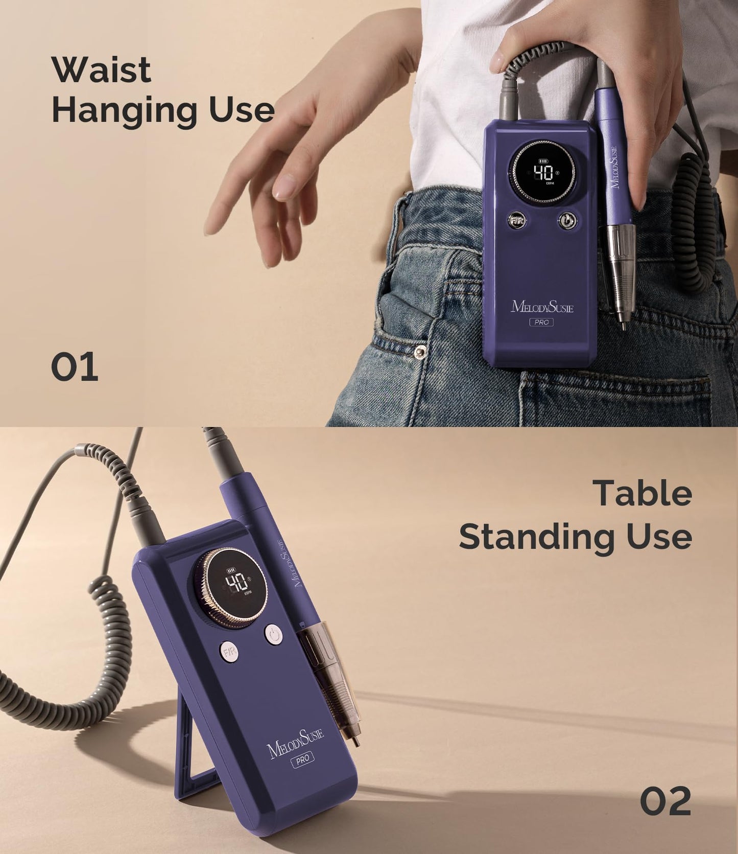 MelodySusie Professional Clip-On Rechargeable Nail Drill with Adjustable Built-in Stand and Premium Motor, MB420G 40000RPM E-File with Max Speed for All Manicure Shaping & Gel Removal for Salon Use