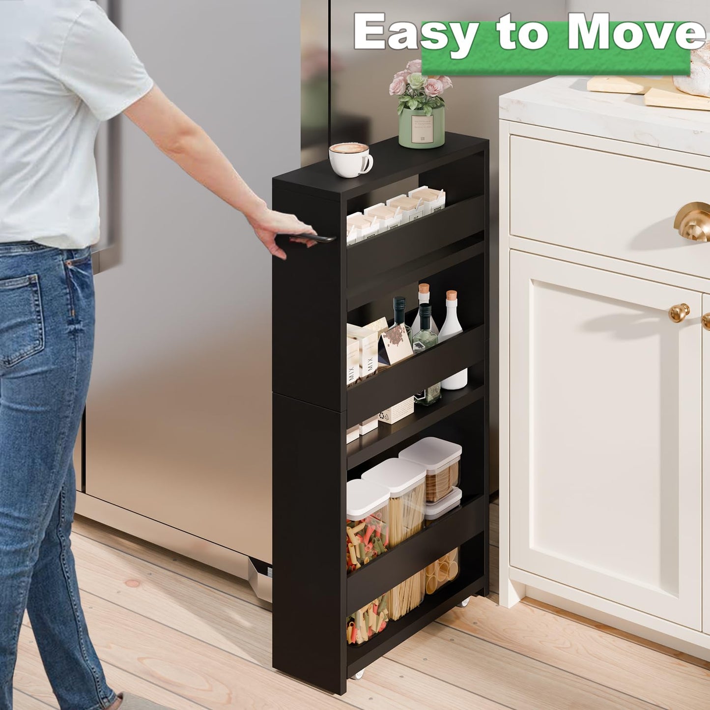 MARTY Slim Rolling Storage Cart 4-Tier Kitchen Cart with Wheels, Laundry Room Storage with Handle Slide Out Utility Cart Shelving Unit Organizer Trolley for Narrow Places Bathroom Small Corner, Black