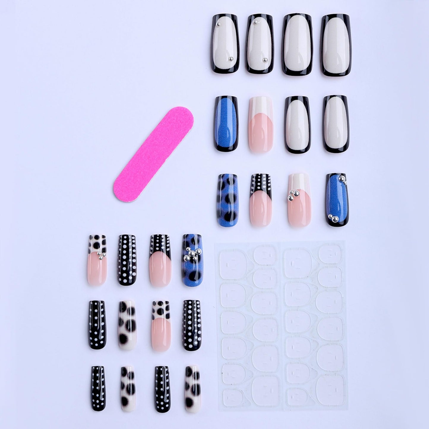 octoswave Press on Nails Medium Square - Black White Polka Dot French Tip 3D Metallic Charms Acrylic Fake Nails for Party Travel Office 24Pcs