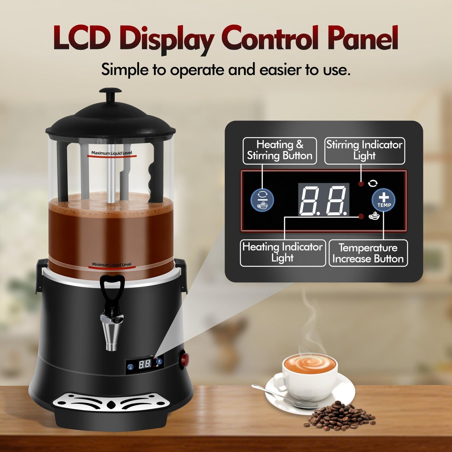 Commercial Hot Chocolate Machine - 10L/2.6Gal Hot Chocolate Maker, Electric Hot Drink Dispenser, 86-194°F Temperature Control Hot Beverage Maker for Cocoa, Milk, Coffee, Juice - Black