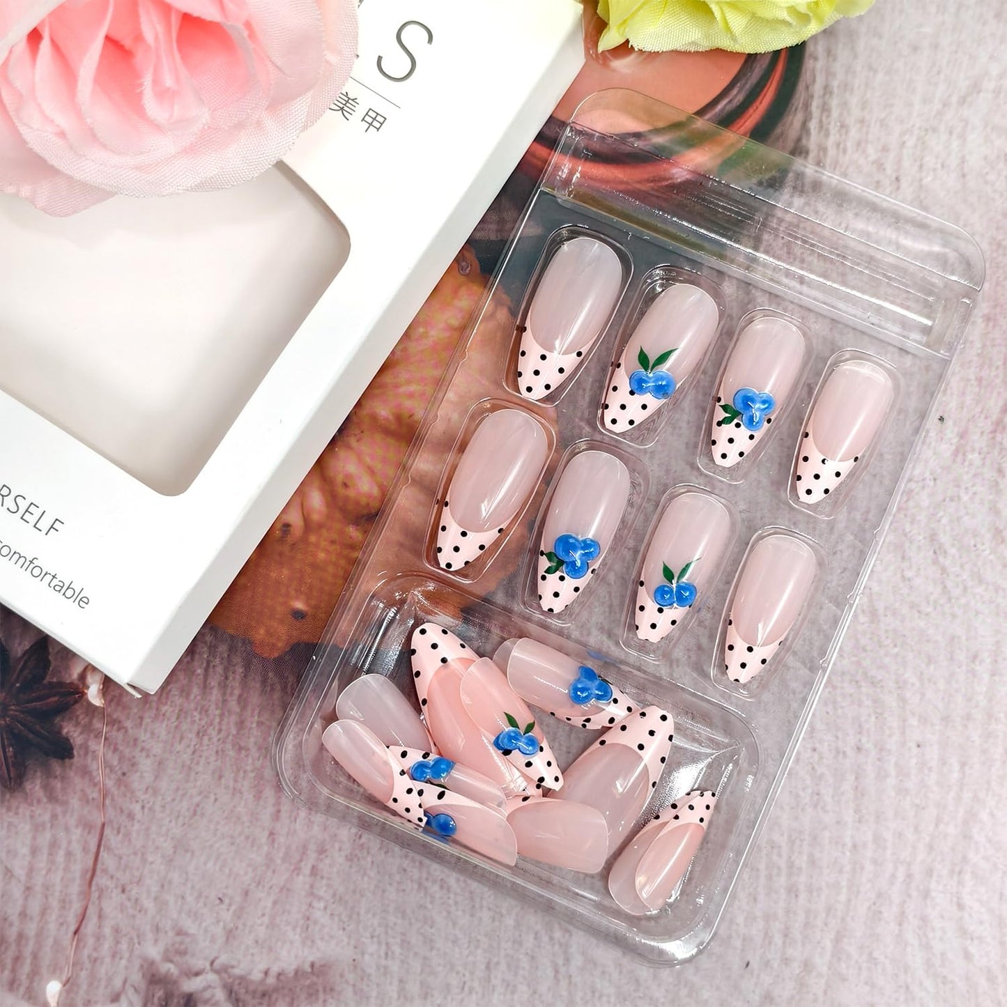 Nude Pink Press on Nails Medium Length Artificial Acrylic French Black Polka Dots Tip Fake Nails 3D Blueberry Almond Coffin Nail Spring Design Stick on Nail Artificial Fingernails for Women Manicure