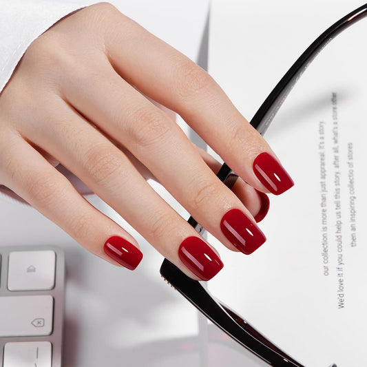 VSALON Short Square Press on Nails - Red Glossy Pastel Fake Nail Kit for Women,Reusable Gel Opaque Spring Summer Glue on Nails with Glue & Cuticle Oil - 32 PCS Stick on Nails in 16 Sizes