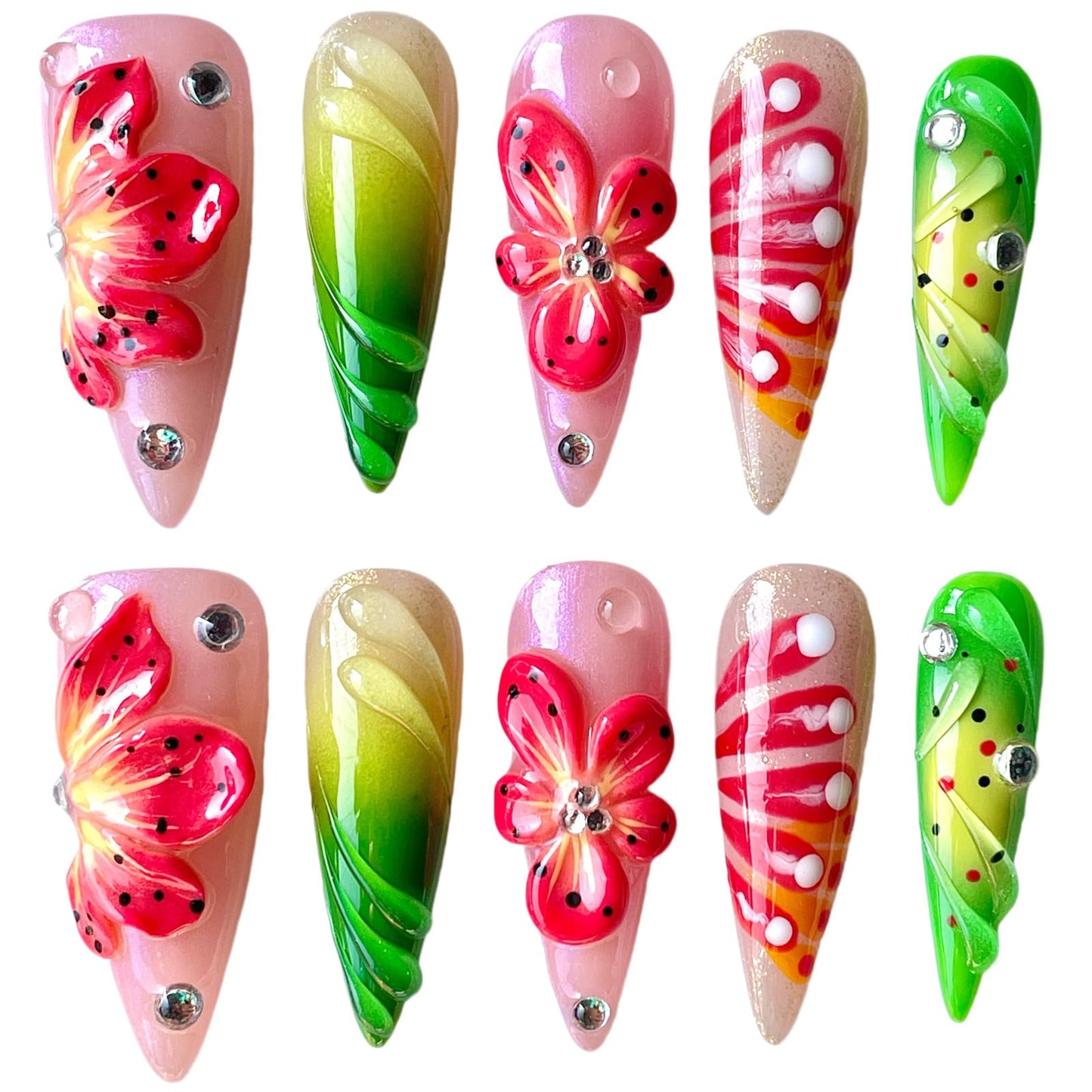 Handmade Press On Nails, Stiletto Shape, 3D Floral Botanical Muse Art, Vibrant Multi-Color Design, Thick Acrylic Fake Nails Set Tropical (L)