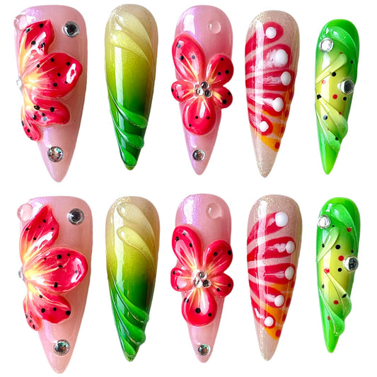 Handmade Press On Nails, Stiletto Shape, 3D Floral Botanical Muse Art, Vibrant Multi-Color Design, Thick Acrylic Fake Nails Set Tropical (M)