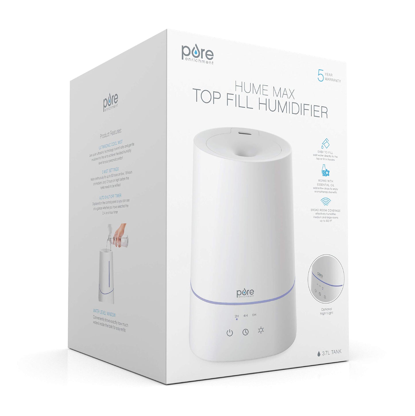 Pure Enrichment HUME Max - Easy Top-Fill Ultrasonic Cool Mist Humidifier, 3.7-L (1 Gallon) Water Tank, 3 Mist Settings, & Auto Shut-Off Timer - Ideal for Large Bedrooms, Nurseries & Dry Areas (White)
