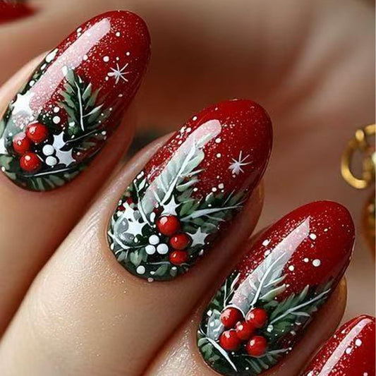 Red Christmas Press on Nails Holly Short Fake Nails with Snowflake Designs Winter Oval Shaped False Nail Xmas Nails Press ons Artificial Full Cover Glue on Nail for Women Holiday Manicure Kit
