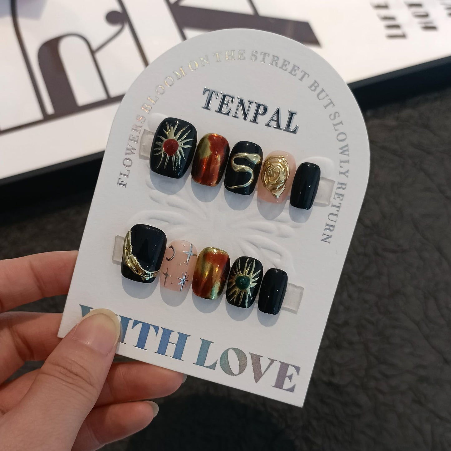 TENPAL Handmade Press on Nails Short Square,Glossy Black Nails with Hand-Painted Space Art (Sun/Moon/Crater) & 3D Serpent, Acrylic Soft Gel Winter Gothic Fake Nails For Women Girls,10pcs(XS)