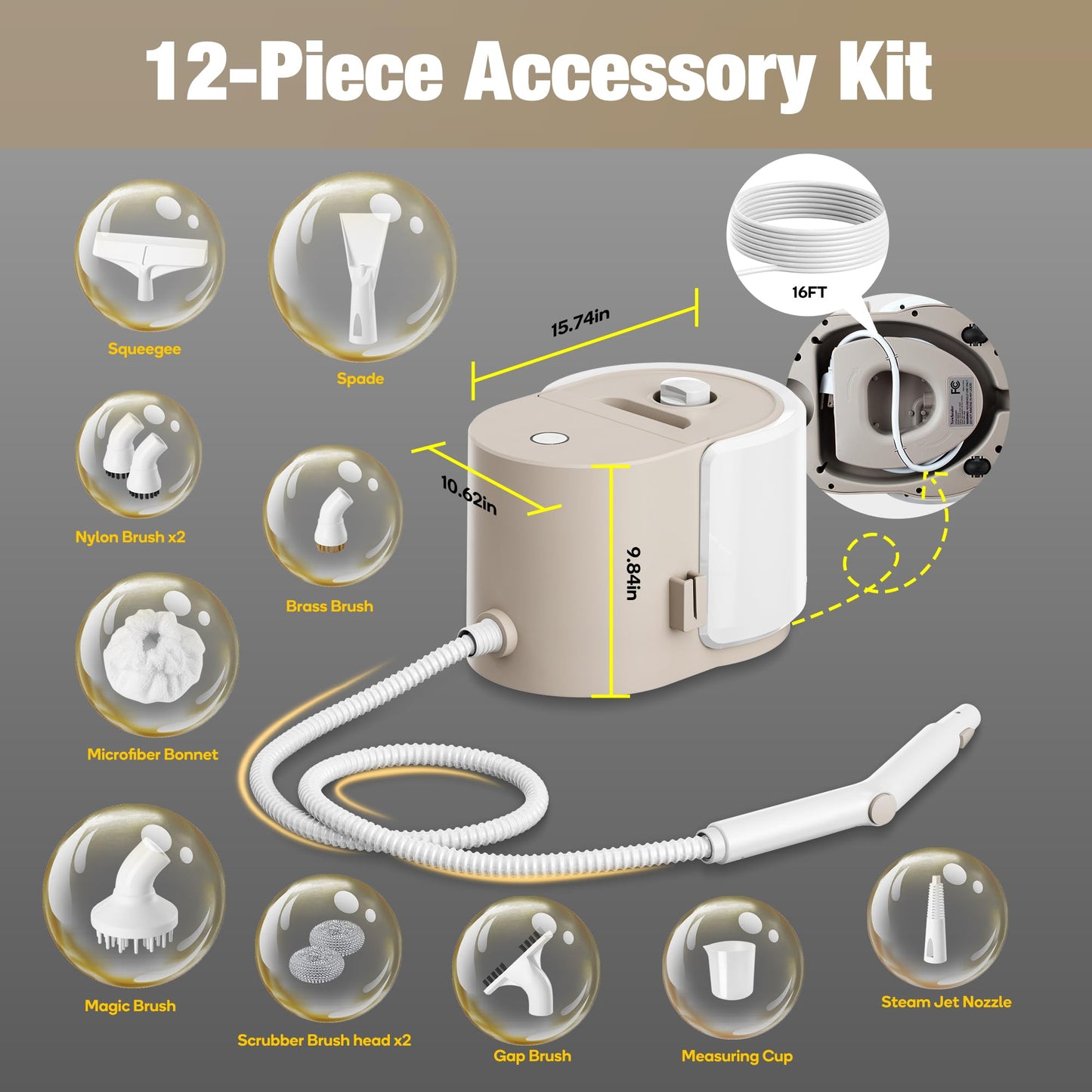 Newbealer Handheld Steamer for Cleaning, Stainless Steel Boiler, 12-Piece Accessory Kit, Max 5 Bar Pressure, Multi-Purpose Steam Cleaner for Floors, Cars, Furniture, Upholstery, and More