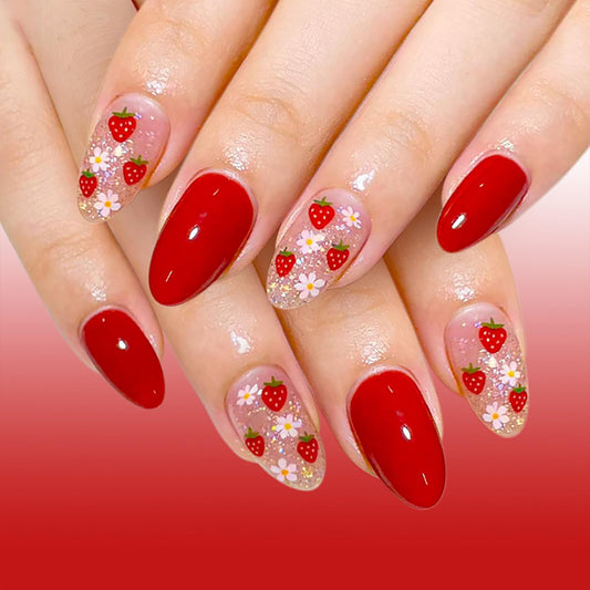 Medium Almond False Nails Red Acrylic Press on Nails Flower Strawberry Glitter Fake Nails Full Cover Stick on Nails for Women Manicure Decoration 24Pcs
