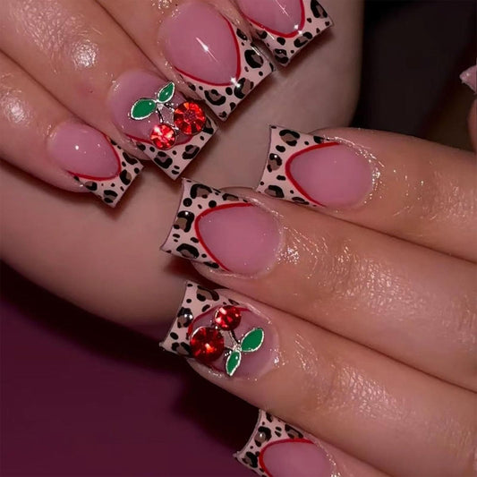 French Tip Press on Nails Square Medium Fake Nails with 3D Cherry Leopard Print Designs Glossy Glue on Nails Nude Full Cover Nails Press ons Fall Acrylic Artificial Stick on Nails for Women 24Pcs