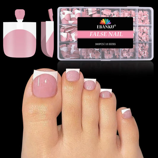 EBANKU French Tips Toe Press On Nails, 300 Pcs Sharp Square Pre-applied Primer & Base Coat Toe Nail Press Ons Light Pink Full Cover Fake Tips Extension, 15 Sizes