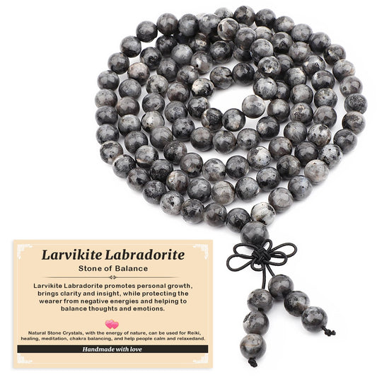 AD Beads 8mm 108 Prayer Mala Larvikite Labradorite Elastic Bracelet - Balance - Handmade Yoga Meditation Healing Power Energy Gifts for Unisex Adult.