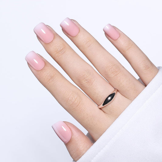 SEEWEE Pink Ombre Press On Nails Square - Short Square Nude Pink Fake Nails with Nail Glue, Nude Press On Nails Opaque Reusable Stick On Nails in 15 Sizes - 30 Nail Kit | Salon Quality