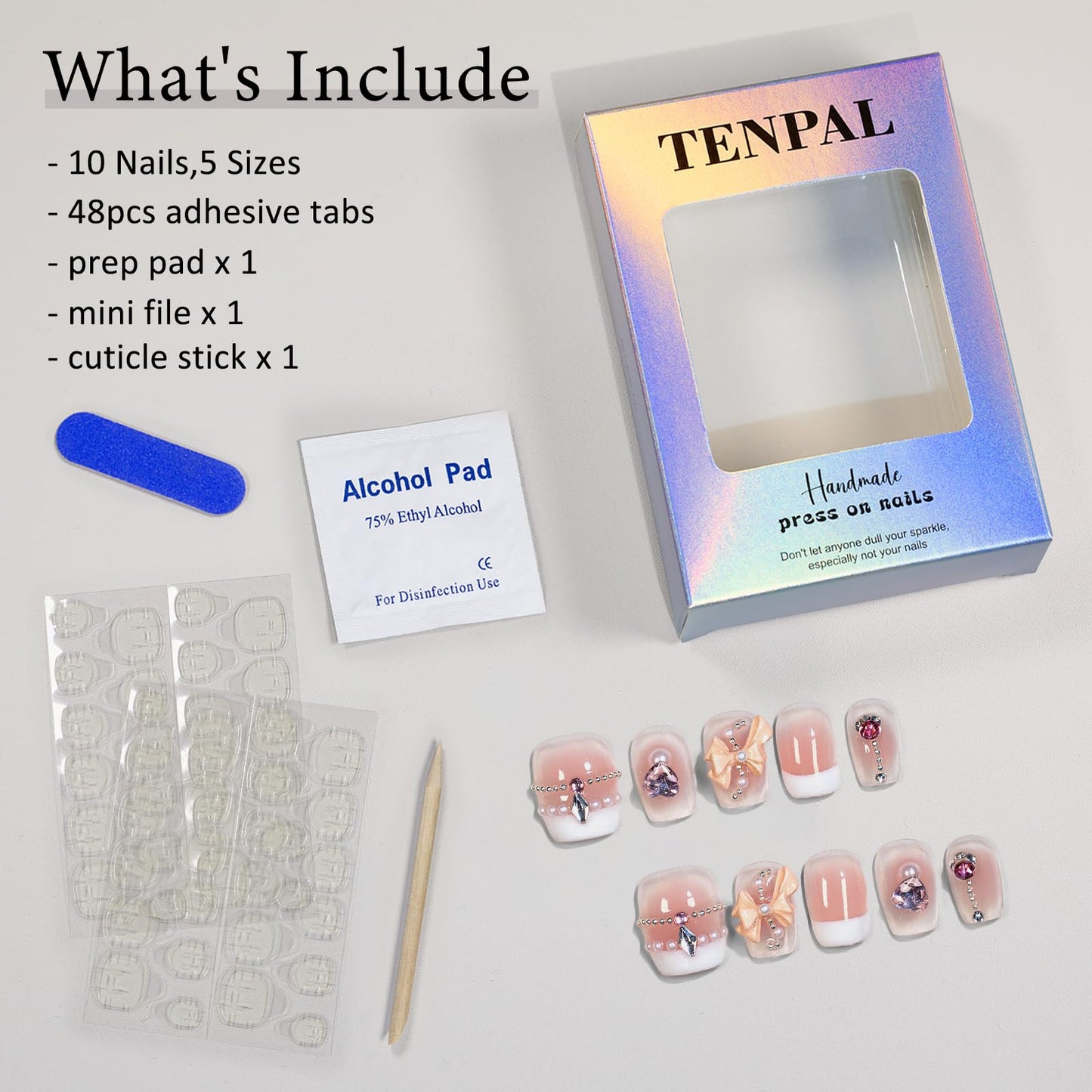 TENPAL French Tip Press on Nails Extra Short Acrylic Fake Nails With Beads Pearls Bow Charms 10pcs/Box Cute Natural Pink Nails Press ons For Women Girls Reusable Artificial Nails for Daily Wear(S)