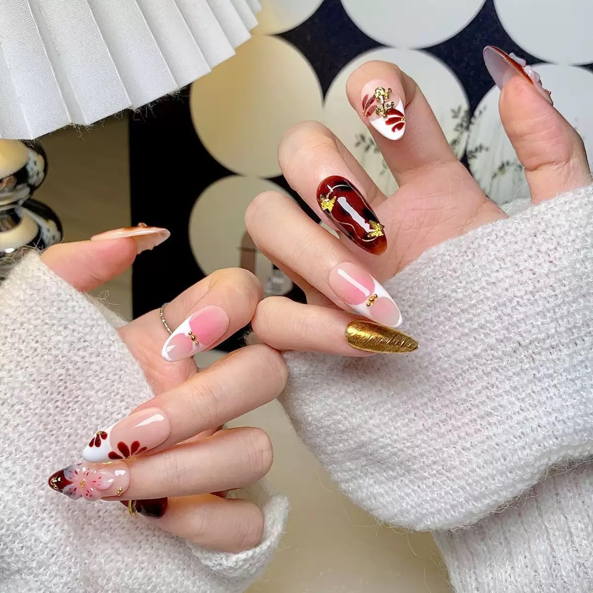 Medium Press on Nails Almond - Handmade Fake Nails with 3D Flower Design - Gold, Brown False Nails Press ons - for Women (Size L)