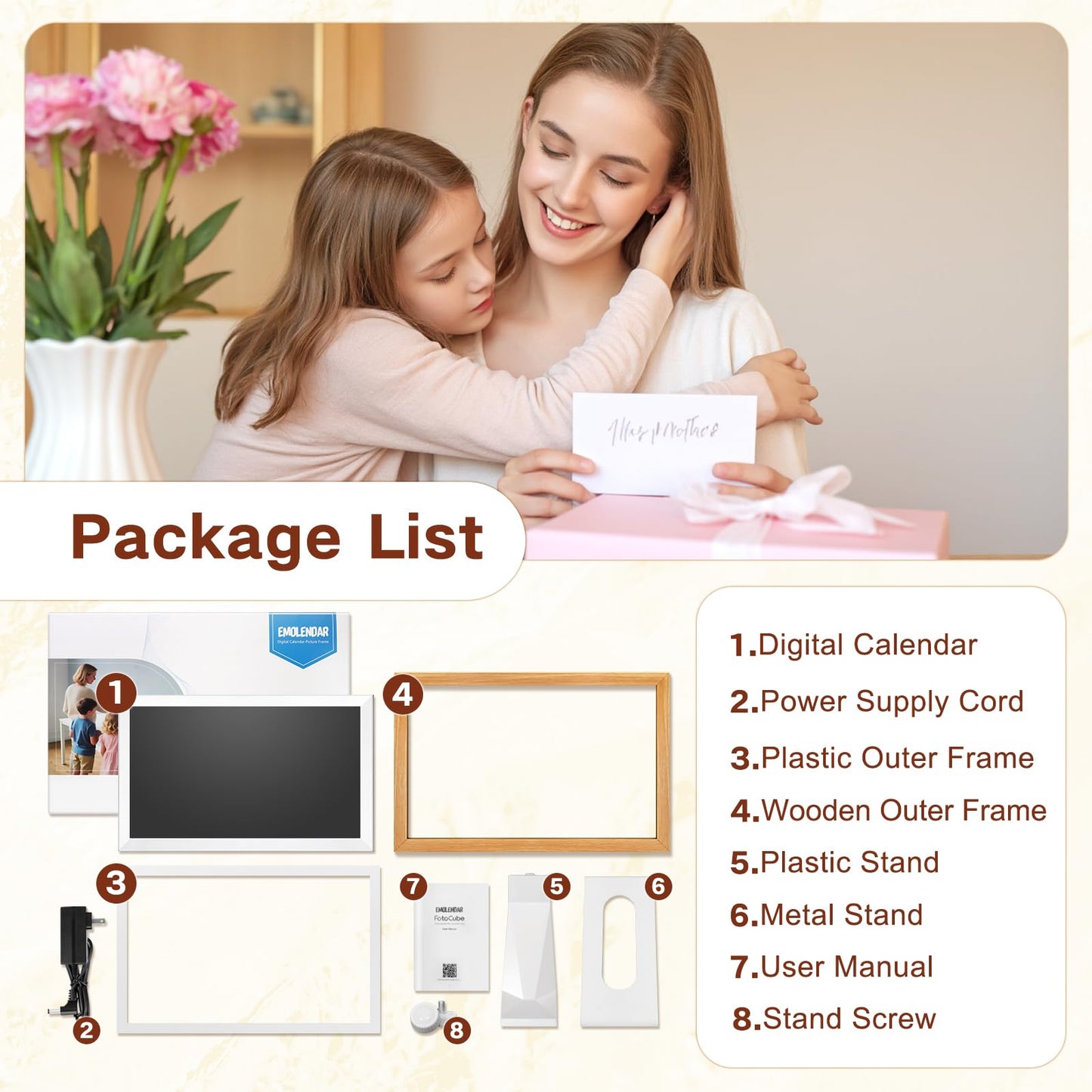 EMOLENDAR Digital Calendar,15.6 Inch Smart Wifi Electronic Calendar with Wooden Frame, Full HD Touchscreen Display Picture Frame Calendar for Family Schedules Planner Organizing-Wall & Desk Mountable