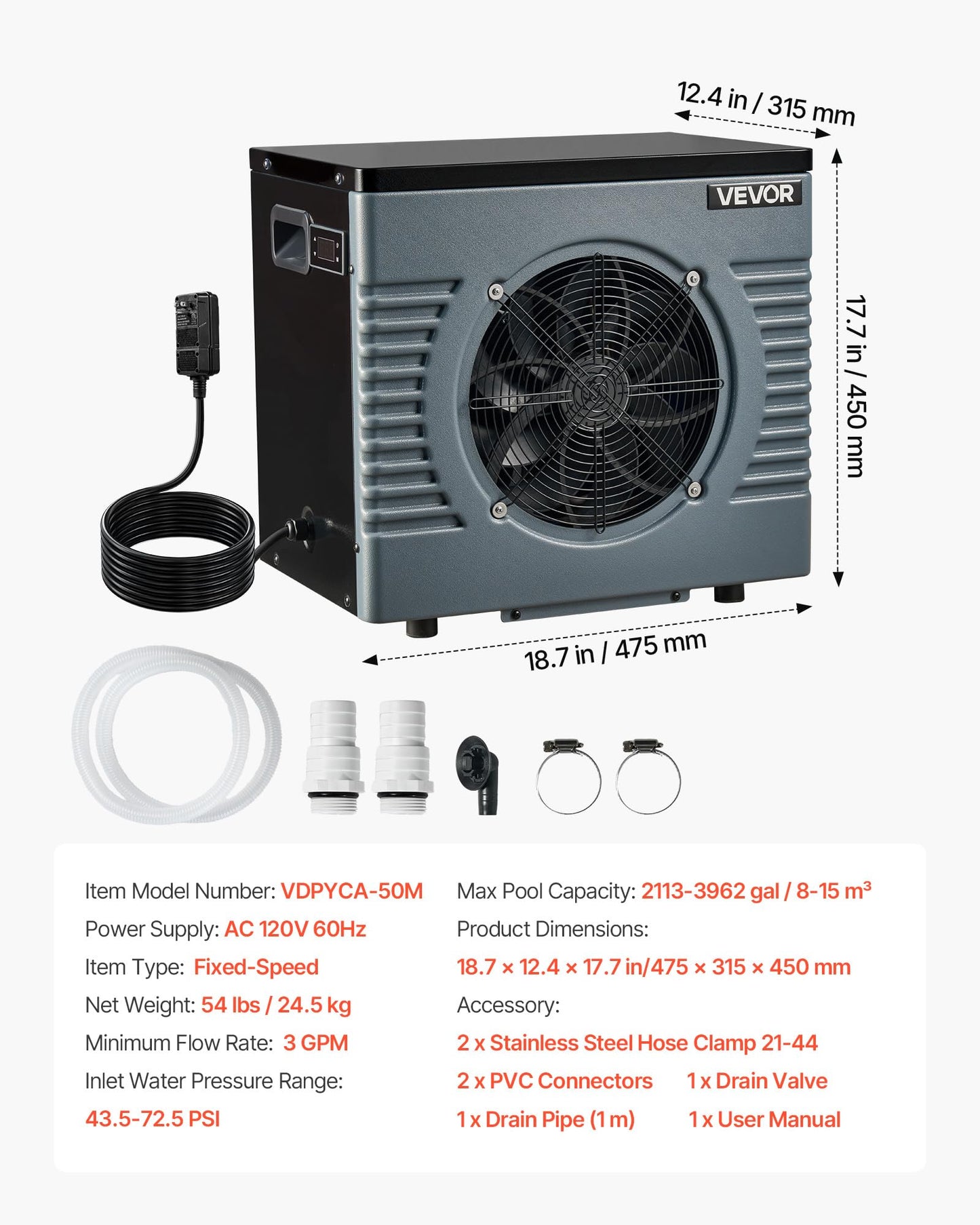 VEVOR 14710 BTU Pool Heat Pump, Electric Pool Heater for Above Ground Up to 3962 Gallons, Max COP 5.13, Heating & Cooling Dual Mode, Low Noise Smart Inverter Compressor, GFCI Protection for Swimming