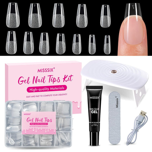 Misssix Medium Coffin Gel x Nail Tips Kit, 216Pcs Pre Etched Clear Fake Nails, Full Cover False Nail 9-in-1 Gel Glue and Portable Mini U V Nail Lamp for Women 12 Sizes