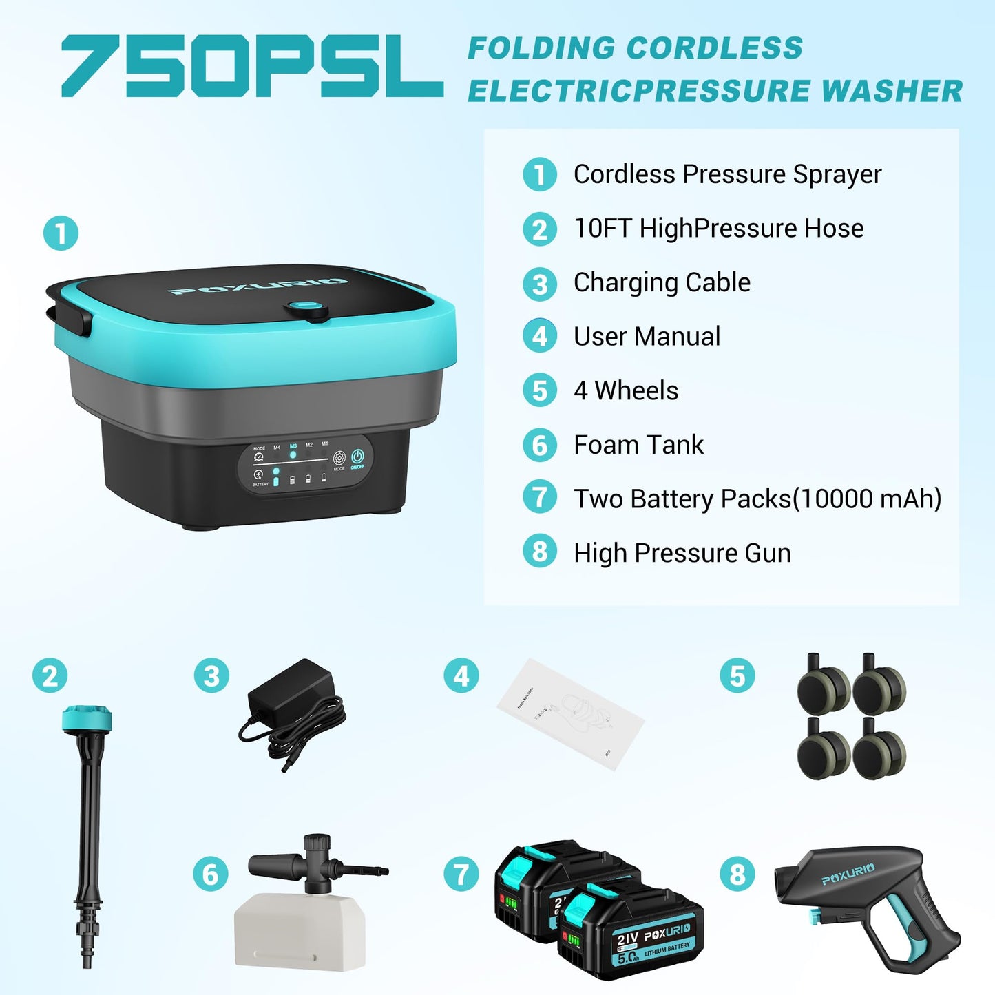750PSI Portable Pressure Washer Cordless, 4.5Gal Tank, 4 Adjustable Pressure Electric Power Washer with 2x5.0Ah Battery & Quick Charger, 5-in-1 Nozzle, 10FT Hose, Power Cleaning for Car Washing, Patio