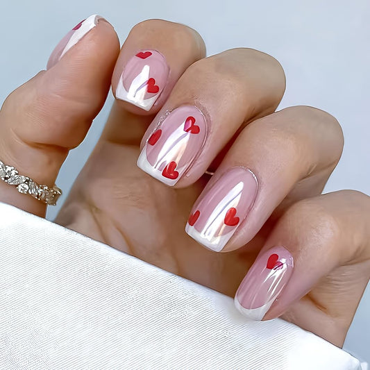 Valentine French Tip Press on Nails Short Square Fake Nails with Heart Designs Chrome False Nails Gradient Glossy Full Cover Glue on Nails Valentine Acrylic Nail for Women 24Pcs