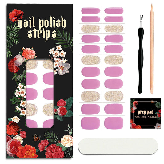 ruyeefam Nail Polish Strips (No UV Lamp Needed) - 22 Pcs Salon Quality Gel Nail Stickers - Long Lasting Wraps (Berry Gold Glitter)
