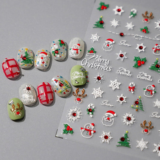 Christmas Nail Art Stickers Decals 5D Embossed Cute Santa Claus Snowman Nail Stickers Self-Adhesive Winter Snowflake Nail Decal with Red Rhinestones Charms Designs Nail Sticker for Women Nails Decor