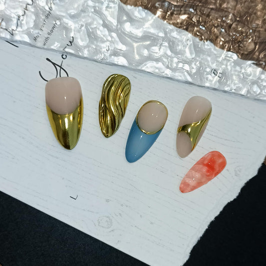 TENPAL Metallic Press on Nails Almond, Golden French Tips Nails, Soft Gel Fake Nails With Tools, Handmade Acrylic Nails With Sweet Cool Y2k 3D Waves Designs,10pcs/Box Nail Kits For Women(M)