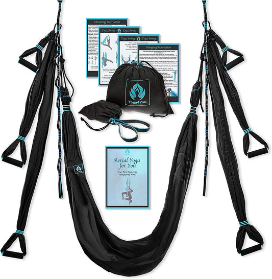 Aerial Yoga Swing Set - Yoga Hammock Aerial Swing - Aerial Sling Inversion Fly Kit - Flying Yoga Inversion Tool - Antigravity Ceiling Hanging Yoga Sling - Adult Kids Arial Door Yoga Swing (BLACK)