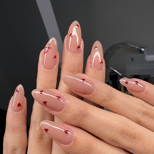 24Pcs Cute Heart Press on Nails Short Medium Valentines Fake Nails with Glue Nude Pink False Nails Almond Nails Press ons Reusable Stick on Nail Valentines Heart Glue on Nail for Women Girls