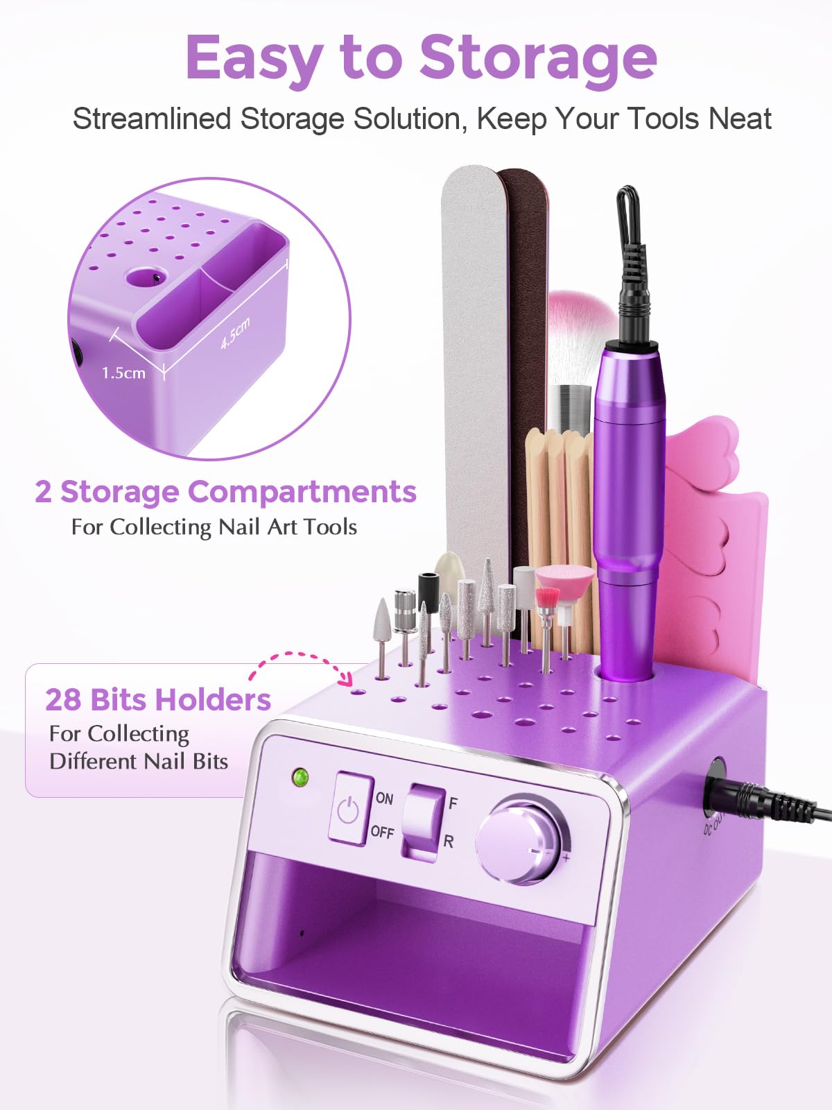 Subay Nail Drill Machine Electric File, Portable for Acrylic Gel Dip Powder Nails, Nail Drill Kit for Manicure Pedicure, Nail Set with Everything, Rose Pink (Purple)