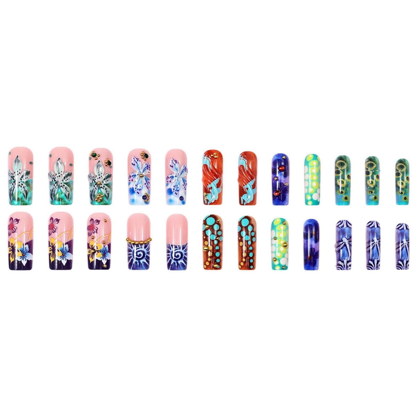 Octoswave Long Square Press on Nails 3D Flower Design Colorful Artistic Fake Nails for Women Party Prom DIY Manicure 24Pcs