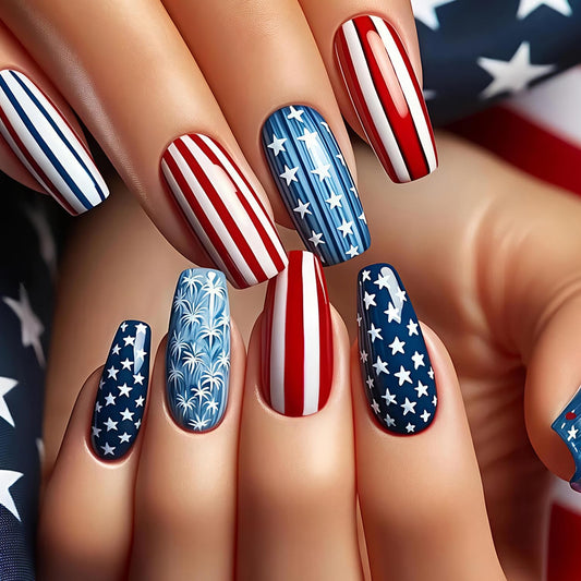 24Pcs Independence Day Press on Nails Medium Length Fake Nails Lines with Stars Fireworks False Nail Ballet Shaped 4th of July Stick on Nail Glue on Artificial Fingernails for Women Holiday Manicure