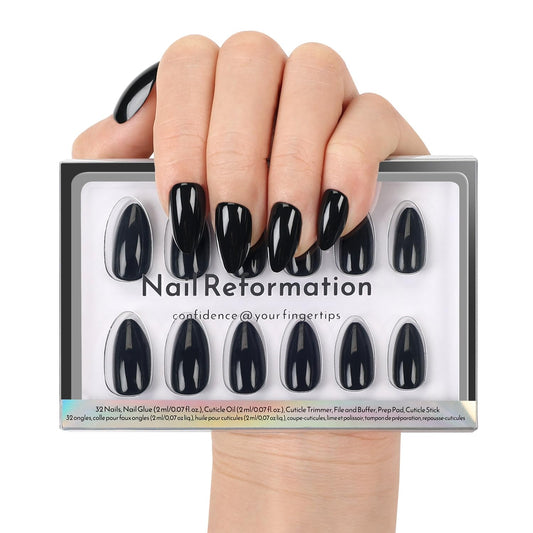 Nail Reformation Press On Nails, Classic Noir | Black Short Almond Fake Nails in Glossy Finish, Salon Quality, Natural Reusable Stick On Nails in 16 Sizes - 32 Nail Kit with Glue, Gifts for Women