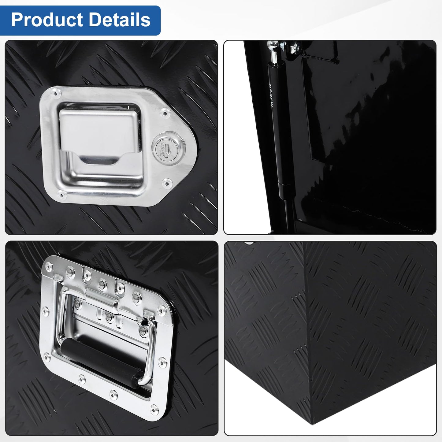 confote 35 Inch Aluminum Stripes Plated Tool Box Pick Up Truck Bed RV Trailer Toolbox Waterproof Square Storage Organizer with Lock and Keys - Black