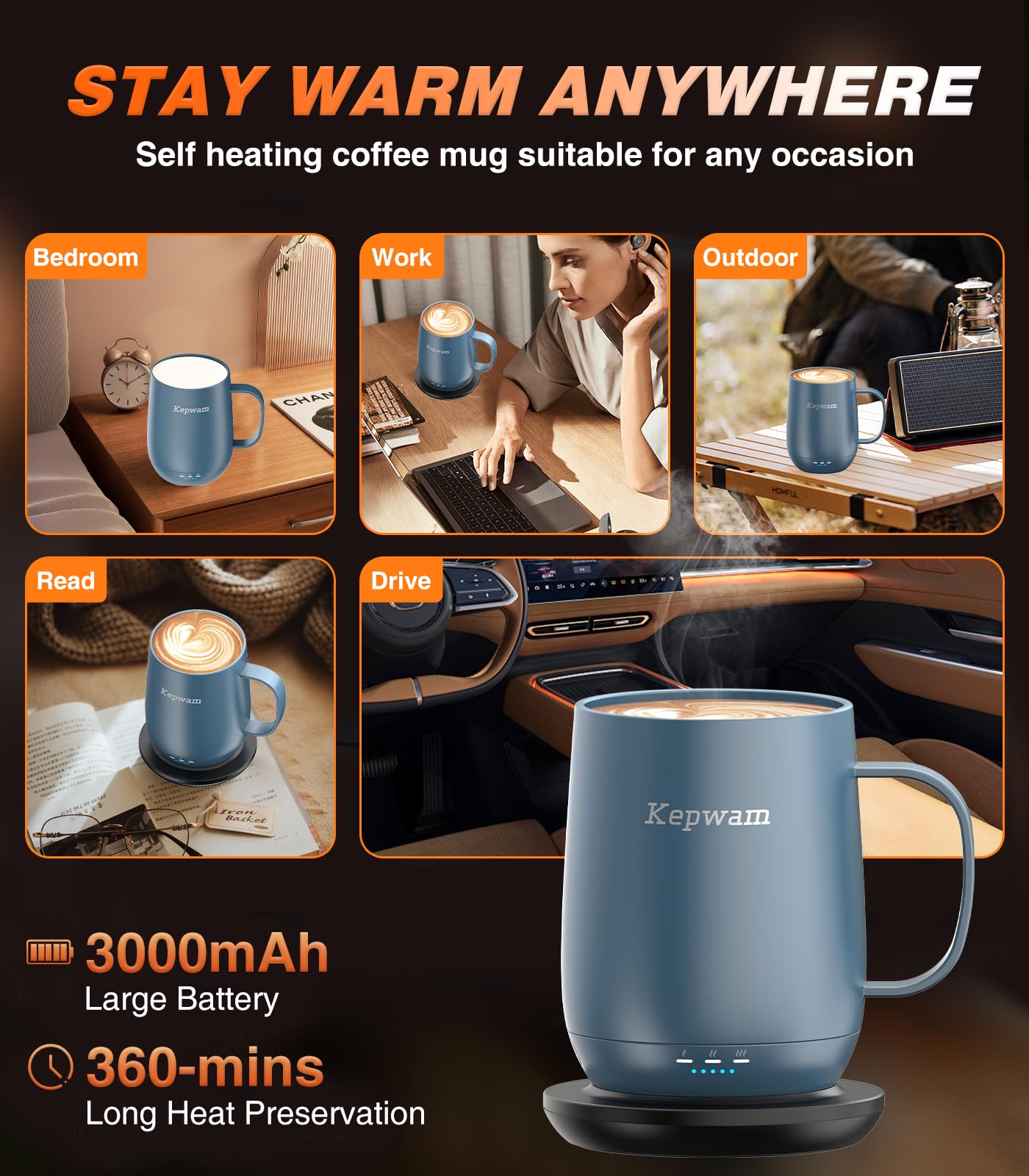 Kepwam Self Heating Coffee Mug T2, 16oz Smart Heated Coffee Mug, 150 Min Battery Life - Hot up to 149℉ Temperature Control Coffee Mug Warmer, Gifts for Dad Mom (No APP)