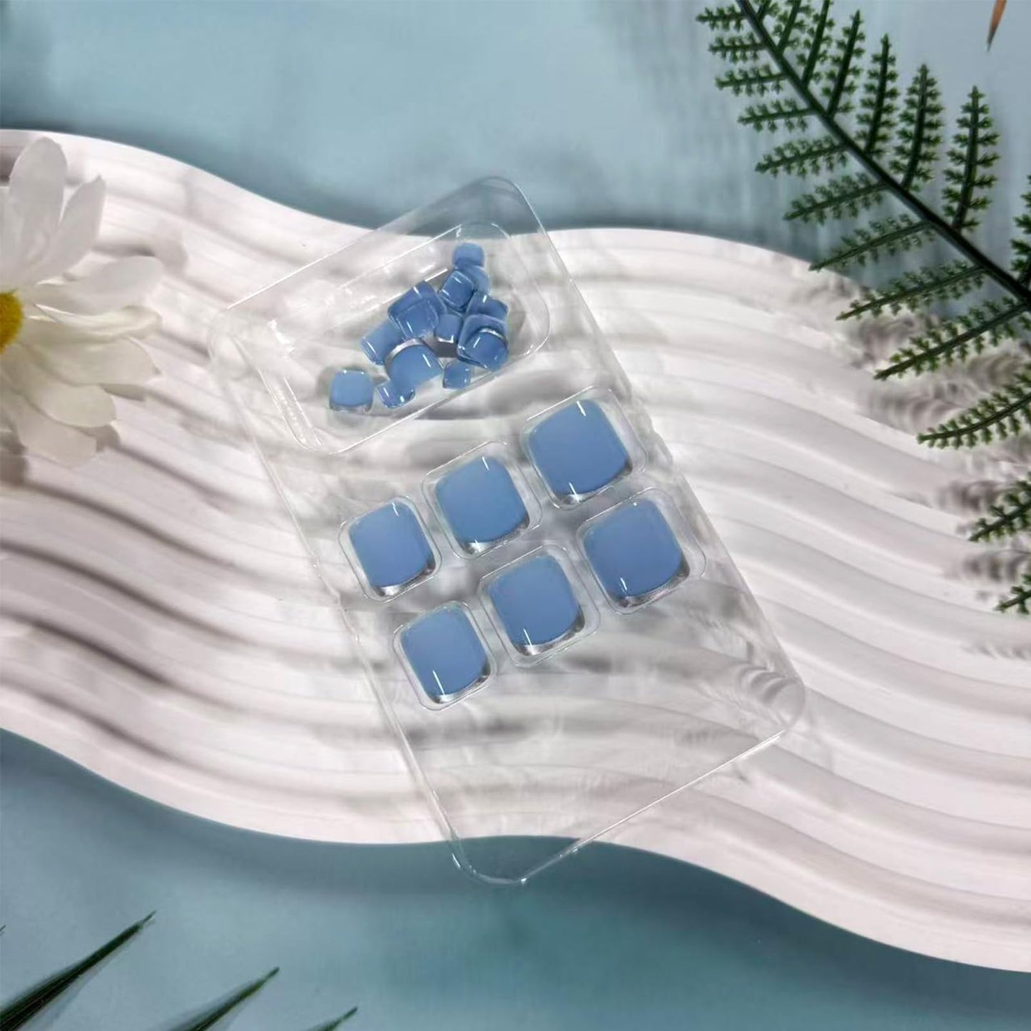 24Pcs Sliver French Tip Press on Toenails Summer Acrylic Toe Nail Press ons Short Square Fake Toenails Glossy Blue Toe Press on Nails Reusable Stick on Toenails for Women Nail Supplies