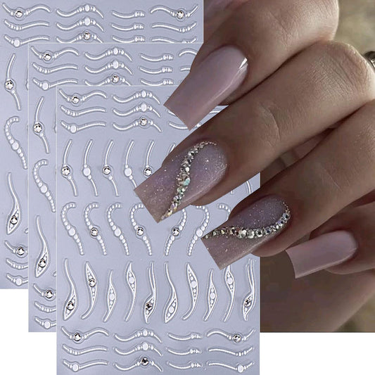 3Pcs French Line Nail Art Stickers,Silver Line Diamond Nail Stickers 5D Self-Adhesive Nail Decals Nail Art Supplies Silvery Stripe Swirls Wave Deisgns for Women Nails Decor