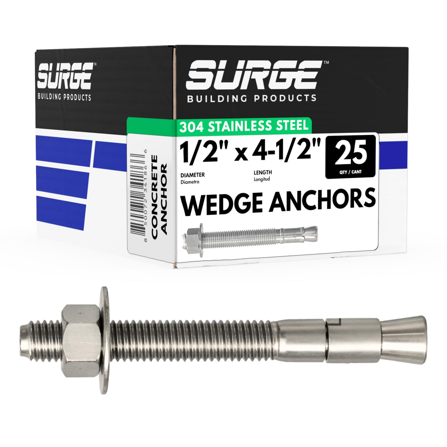1/2" X 4-1/2" 304 Stainless Steel Wedge Anchors for Concrete and Cement | Heavy-Duty 1/2" Stainless Steel Bolts for Outdoor and Coastal Applications (Box of 25)