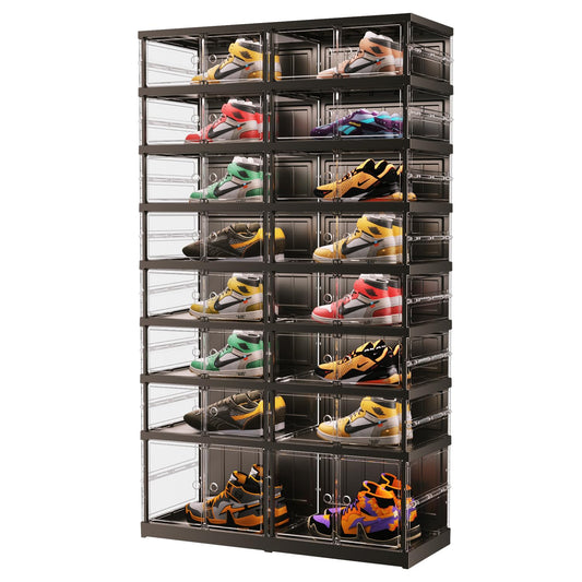 EHAMILY 8 Tiers 16-32 Pairs Foldable Shoe Boxes Large Plastic Shoe Storage Rack Collapsible Shoe Organizer for Closet Clear Stackable Shoes Shelf Storage Cabinet with Doors Quick Assembly Black