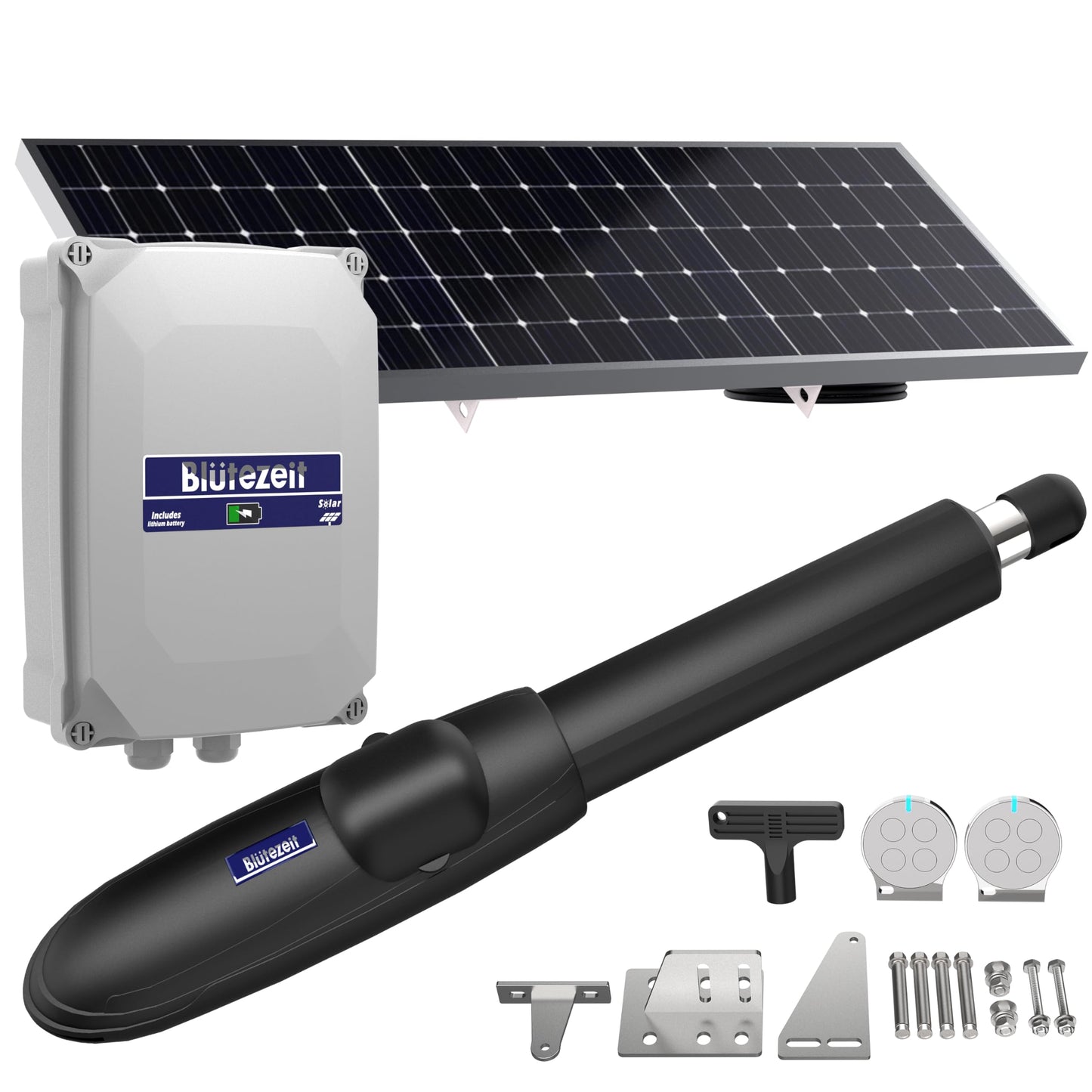 Blütezeit Solar Swing Gate Opener, 880lb Single-Arm Operator with Built-in 24V Lithium Battery & 25W Solar Panel, Integrated Control Box for Easy Install, Smart Auto Setting, 2 Remotes & Complete Kits