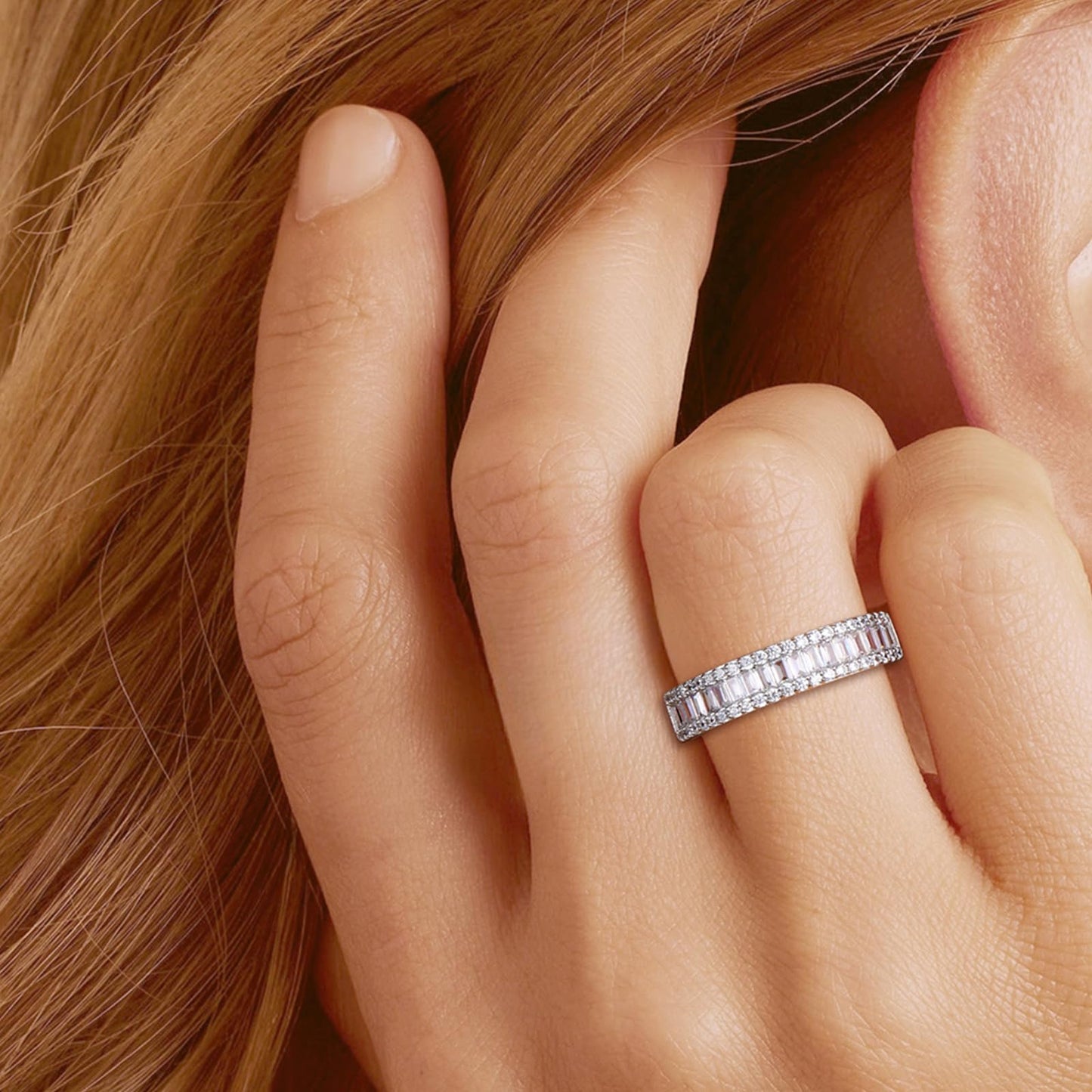 RANDES Cubic Zirconia Ring Wedding Bands for Women Emerald Cut Eternity Ring Baguette Channel Set Band Rings Size 8.5
