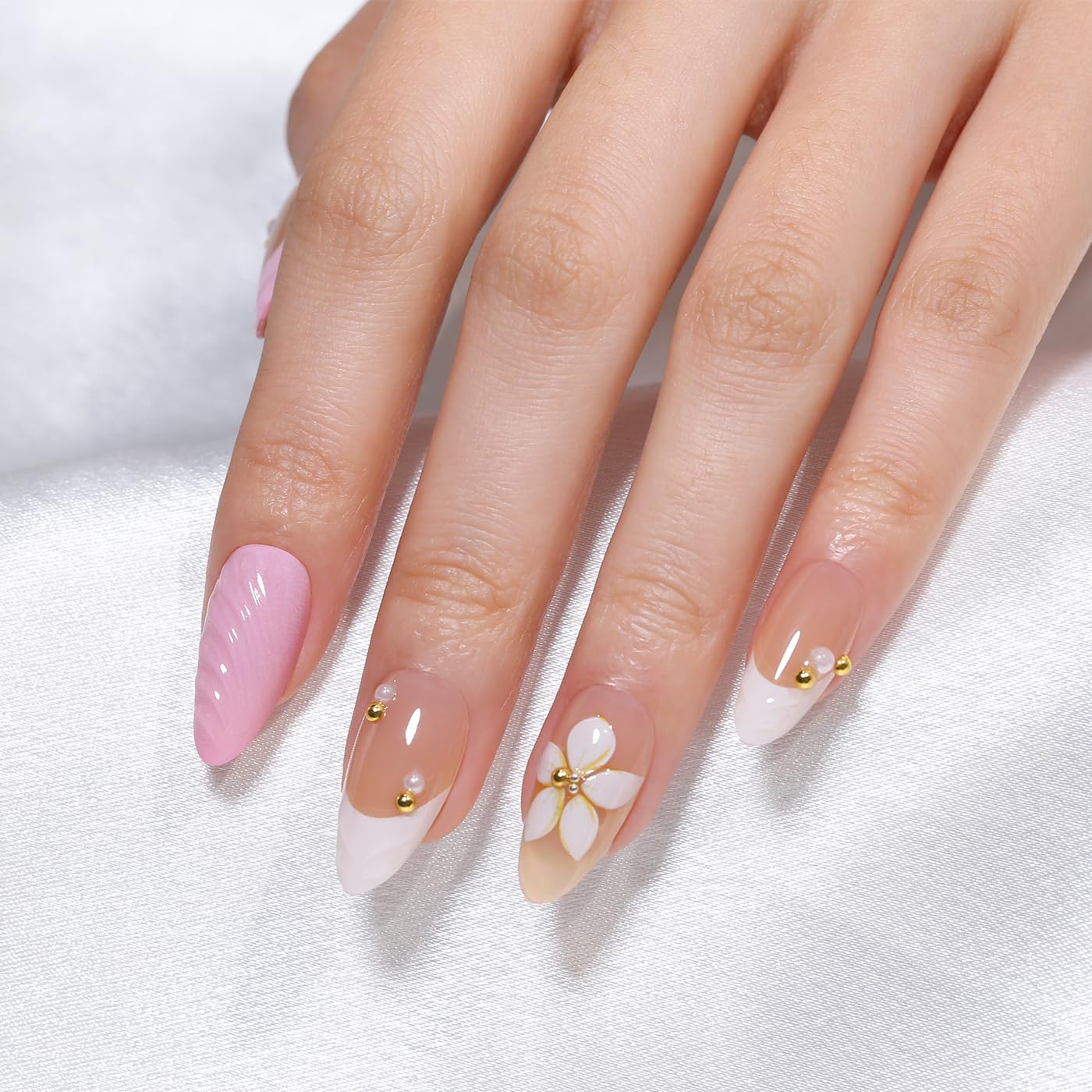 Goolich Bright Pink French Tip Press On Nails Short Almond, Bead with 3D Floral Mermaid Nails Press ons Set with Adhesive Tabs, 24 Pcs 12 Size Reusable Full Cover Glue on Nails for Women