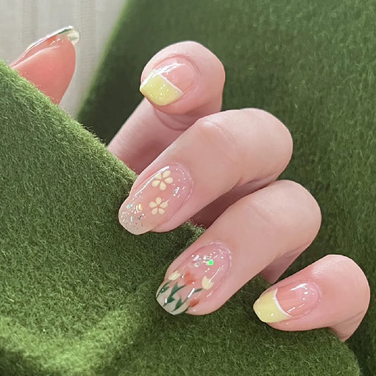 Tulip Press on Nails Short Square 24PCS Full Cover Reusable False Nails Kits, Glue on Nails with Flower Designs Artificial Glossy Fingernails Acrylic Fake Nails for Women Stick on Nails Coffin Shape