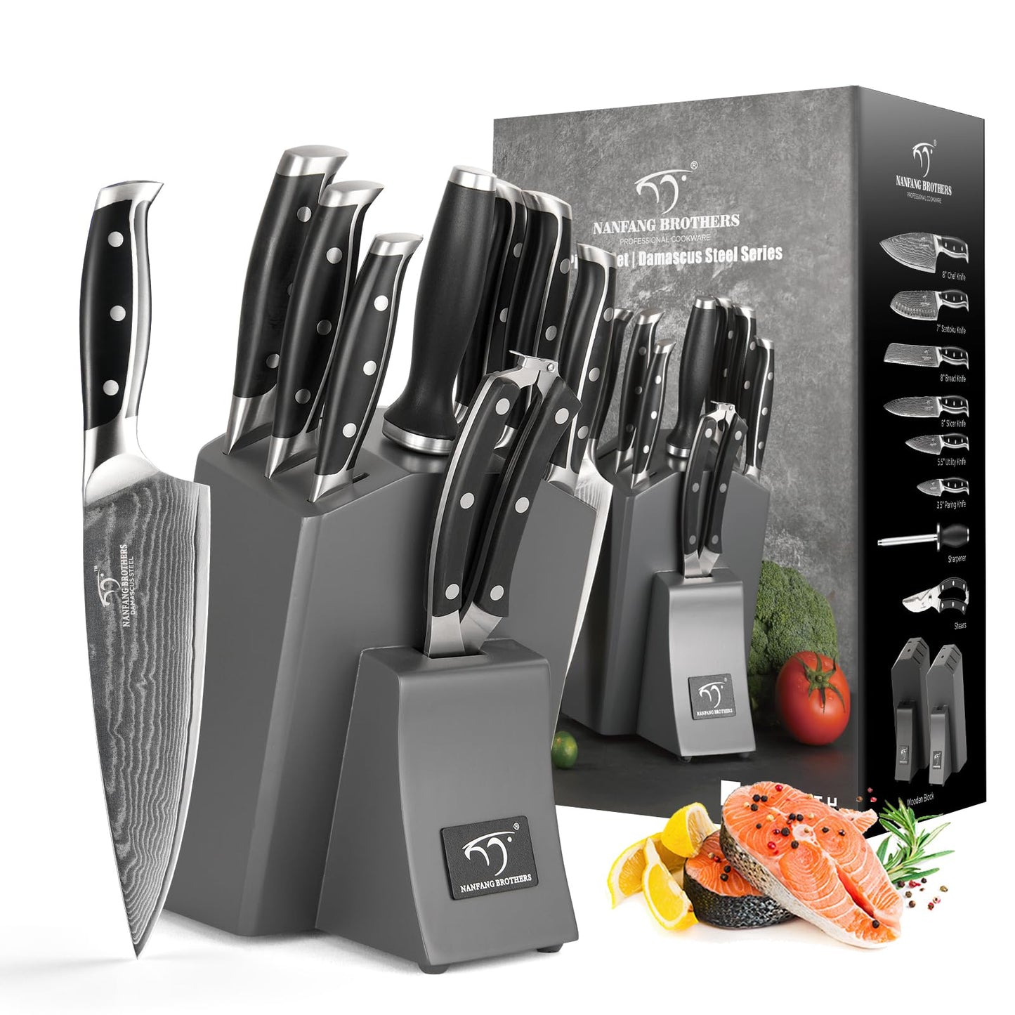 Damascus Kitchen Knife Set with Block, 9-Piece 67-Layer VG10 Damascus Steel Knife Set with Triple-Rivet Handles, Chef, Santoku, Utility, Bread & Paring Knives, Sharpener, Shears, Grey